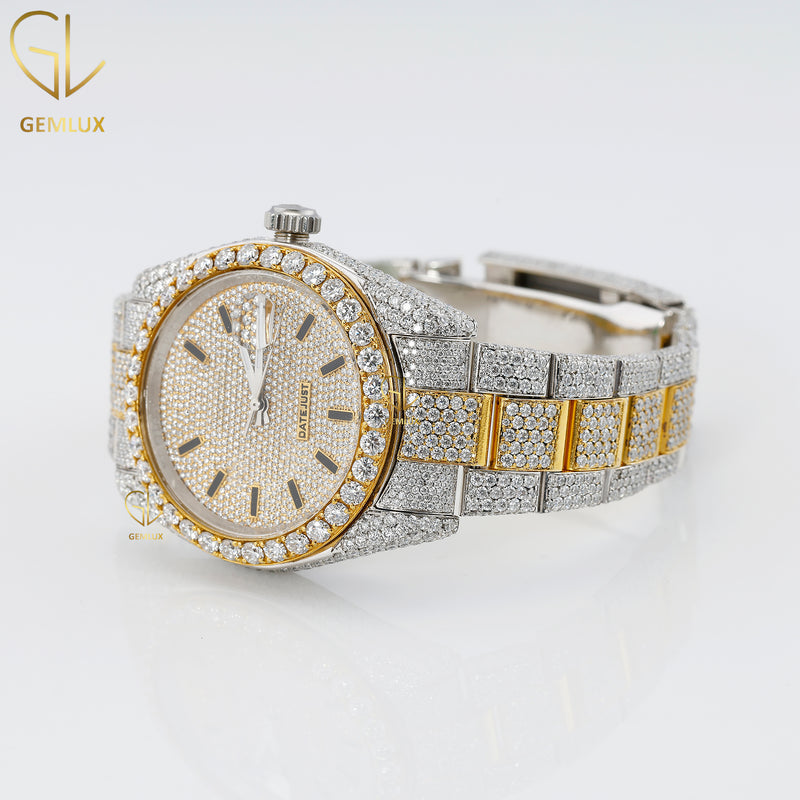Two Tone Yellow Gold D VVS Moissanite Diamond Watch For Men