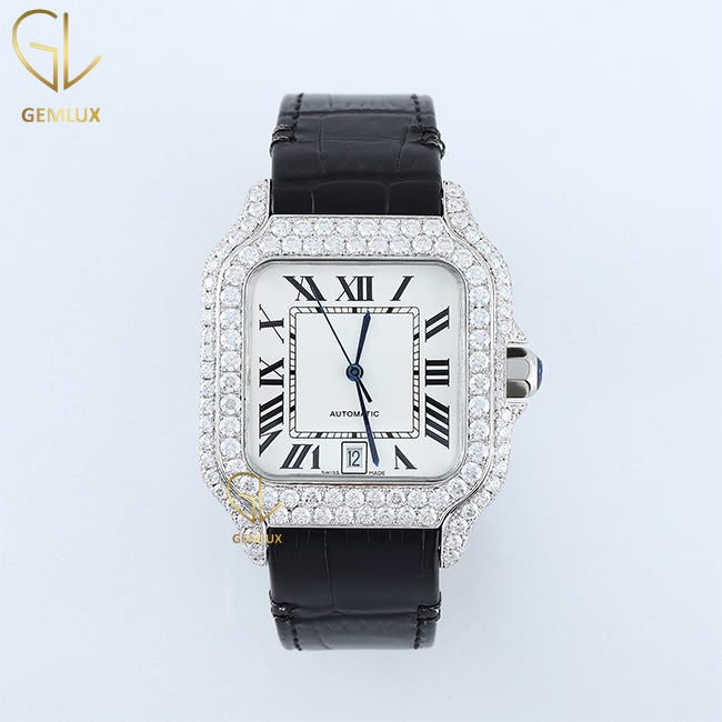 VVS Moissanite Diamond Black Leather Strap Hip Hop Watch