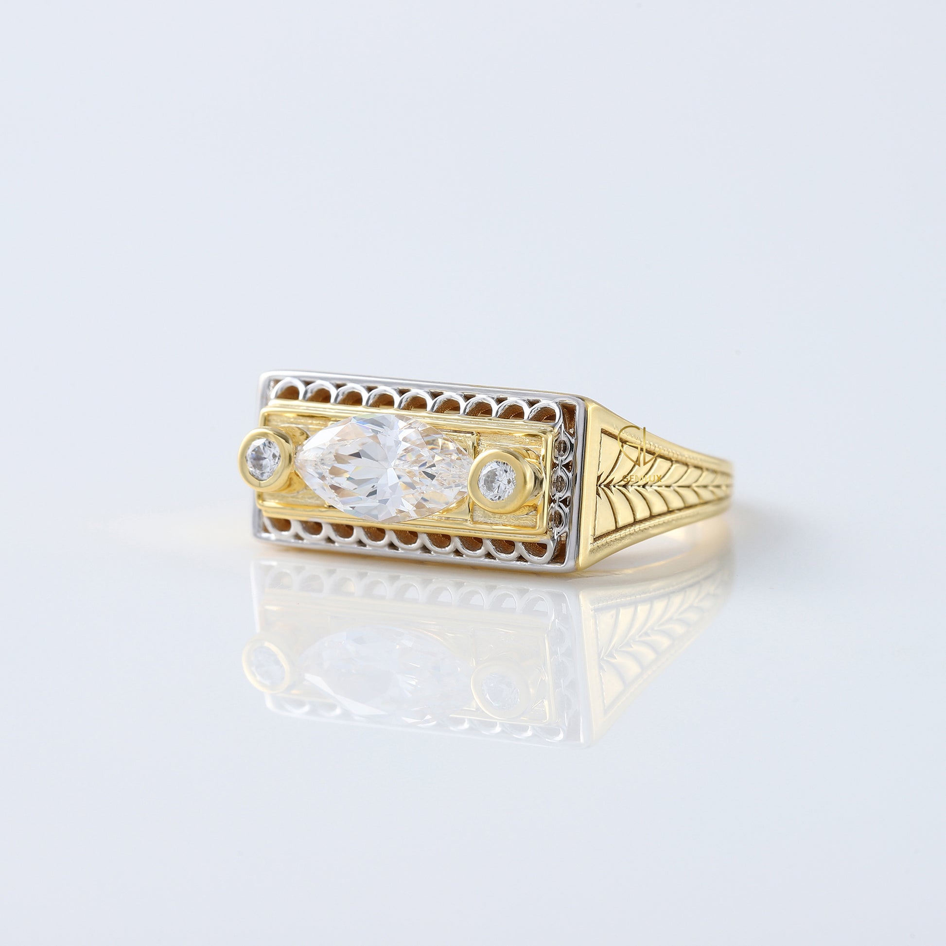 Vintage 1 Ct Marquise Cut Lab Grown Three Stone Gold Ring