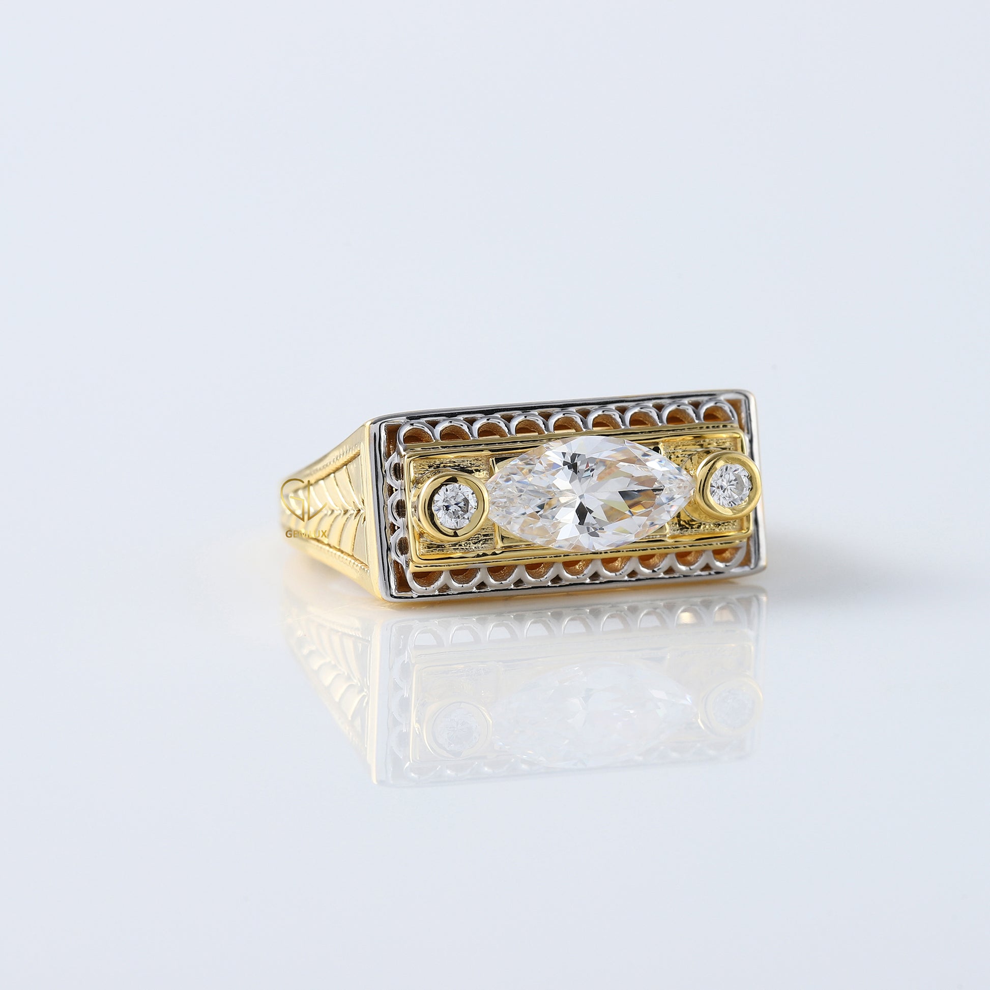 Vintage 1 Ct Marquise Cut Lab Grown Three Stone Gold Ring