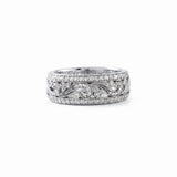 Vintage floral filigree lab-grown diamond wide wedding band with pavé borders