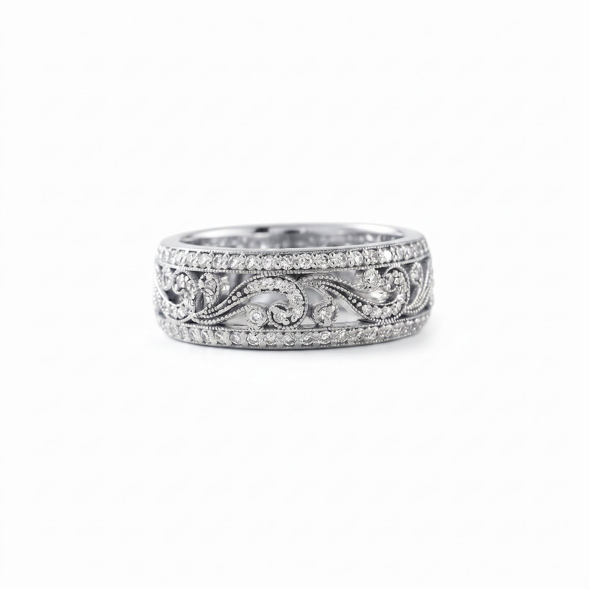 Vintage floral filigree lab-grown diamond wide wedding band with pavé borders