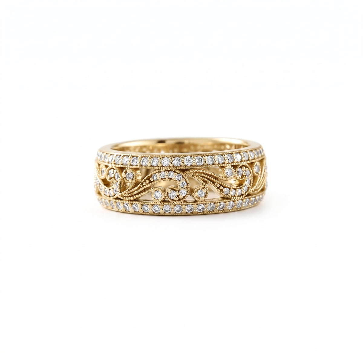 Vintage floral filigree lab-grown diamond wide wedding band with pavé borders