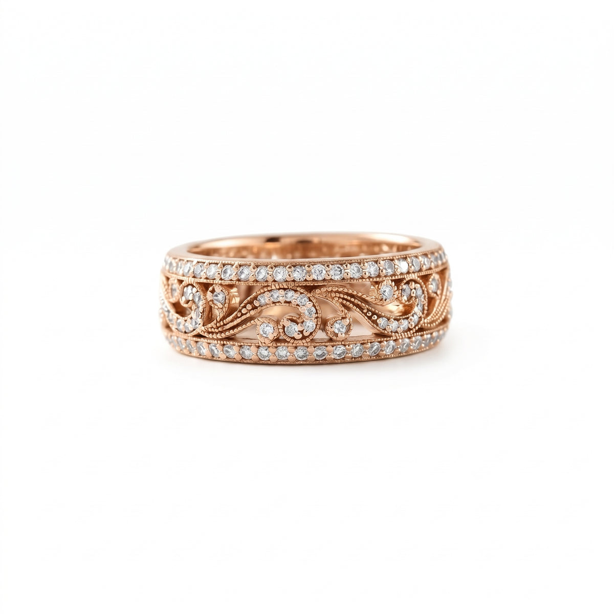 Vintage floral filigree lab-grown diamond wide wedding band with pavé borders