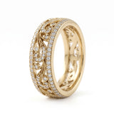 Vintage floral filigree lab-grown diamond wide wedding band with pavé borders