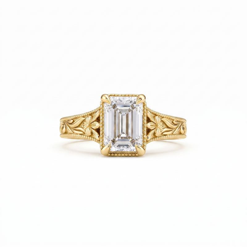 Vintage Emerald-Cut Lab-Grown Diamond Floral Filigree Engagement Ring
