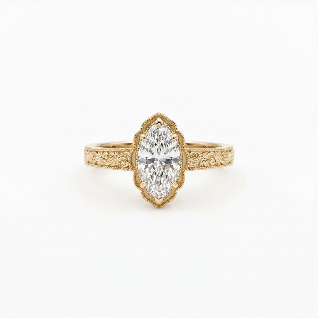 Vintage marquise-cut lab-grown diamond engagement ring with engraved band