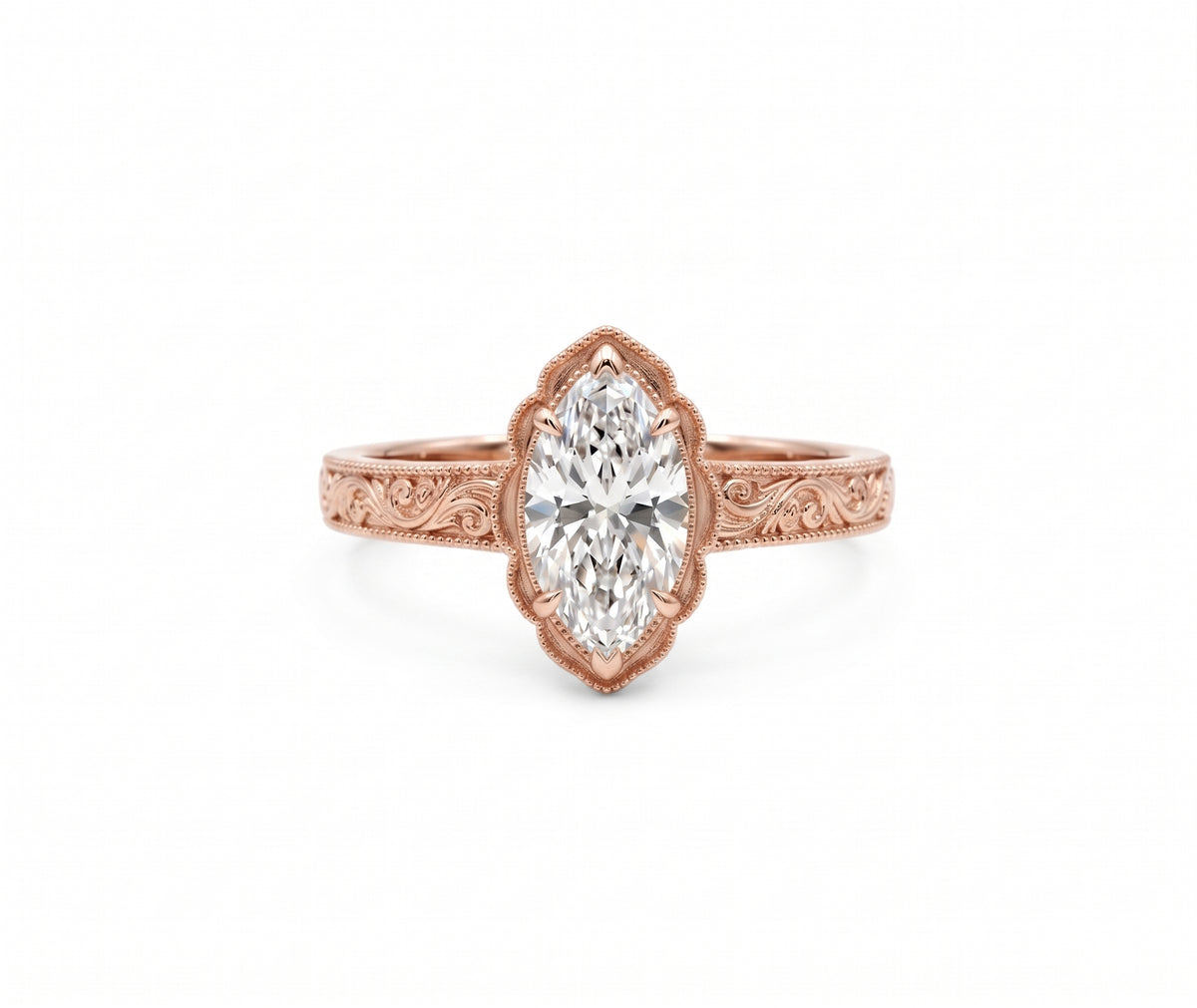 Vintage marquise-cut lab-grown diamond engagement ring with engraved band