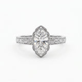 Vintage marquise-cut lab-grown diamond engagement ring with engraved band