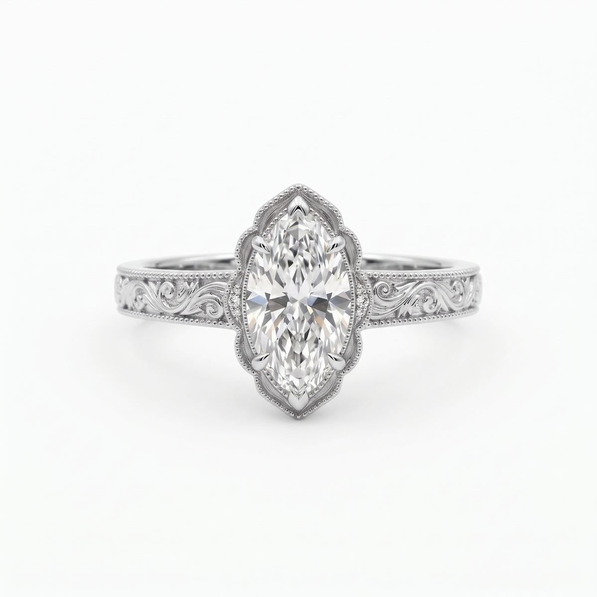 Vintage marquise-cut lab-grown diamond engagement ring with engraved band