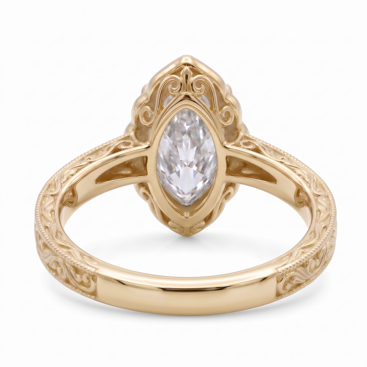 Vintage marquise-cut lab-grown diamond engagement ring with engraved band
