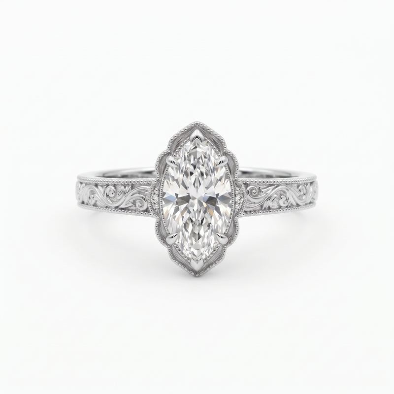 Vintage Engraved Marquise Lab Grown diamond Ring
