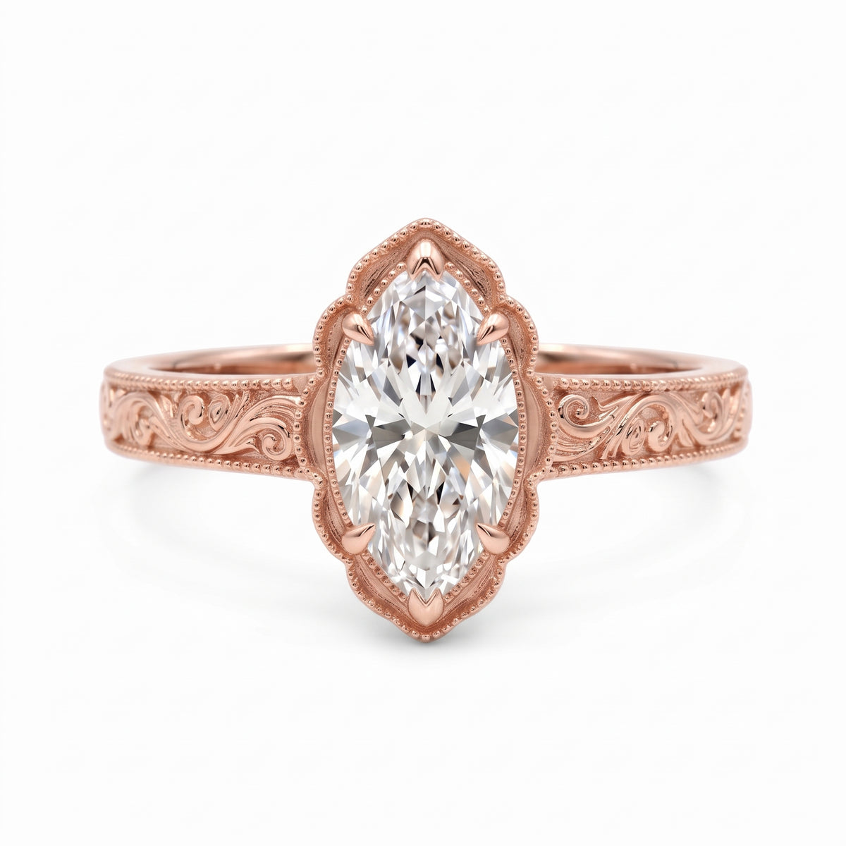 Vintage marquise-cut lab-grown diamond engagement ring with engraved band