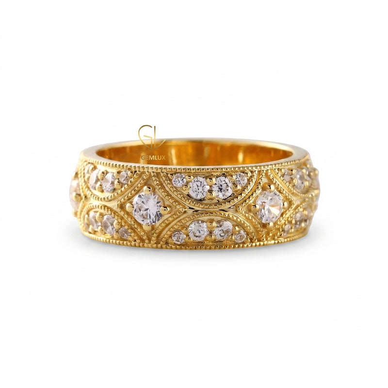 Vintage Inspired Round Cut Moissanite Diamond Wedding Band