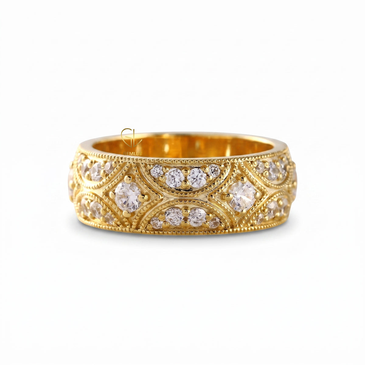 Vintage Inspired Round Cut Moissanite Diamond Wedding Band