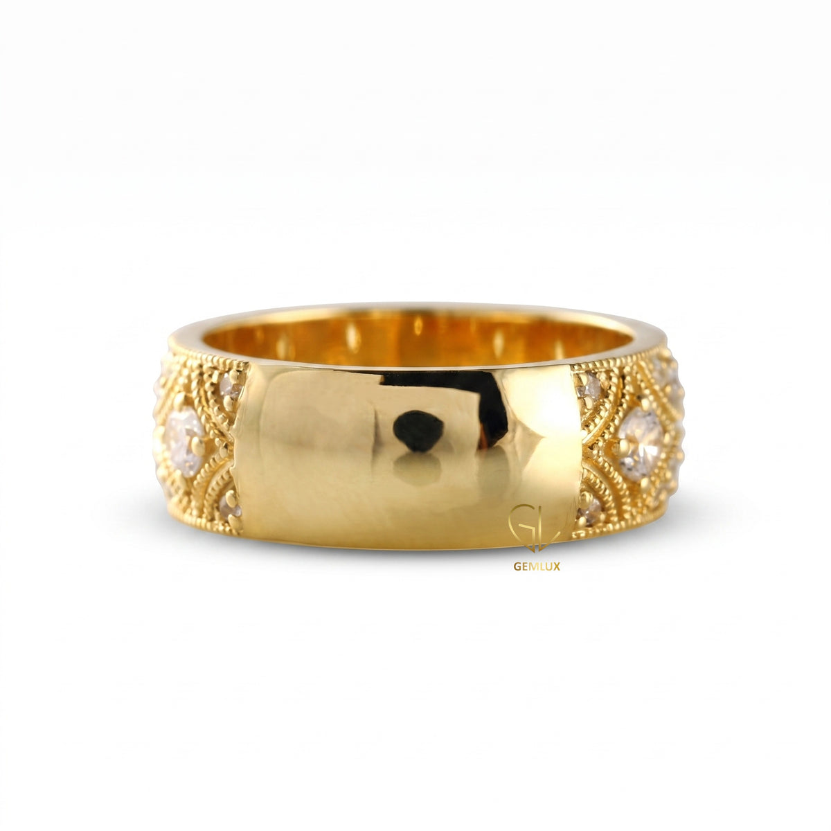Vintage Inspired Round Cut Moissanite Diamond Wedding Band