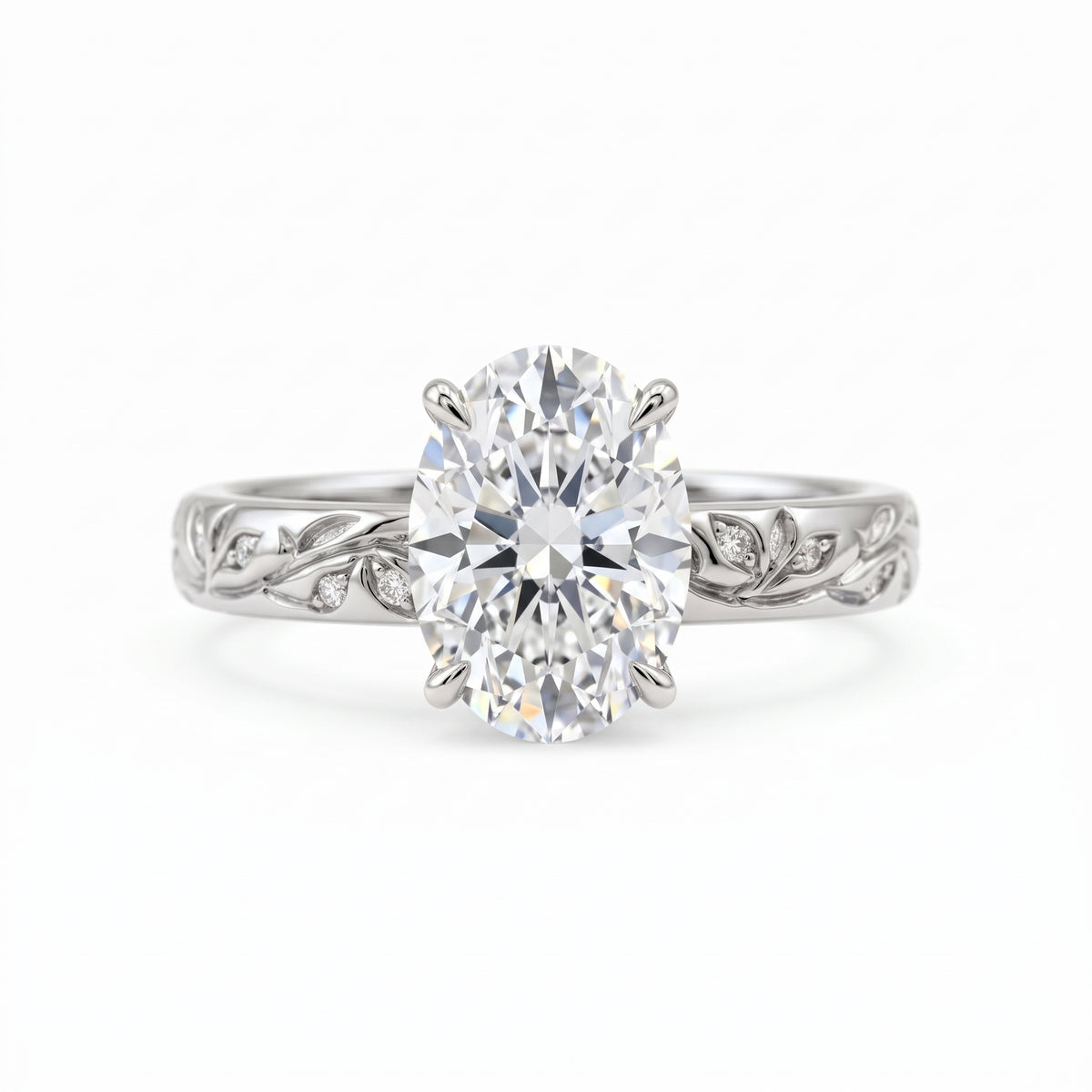 Oval-cut lab-grown diamond botanical engagement ring with leaf and vine band