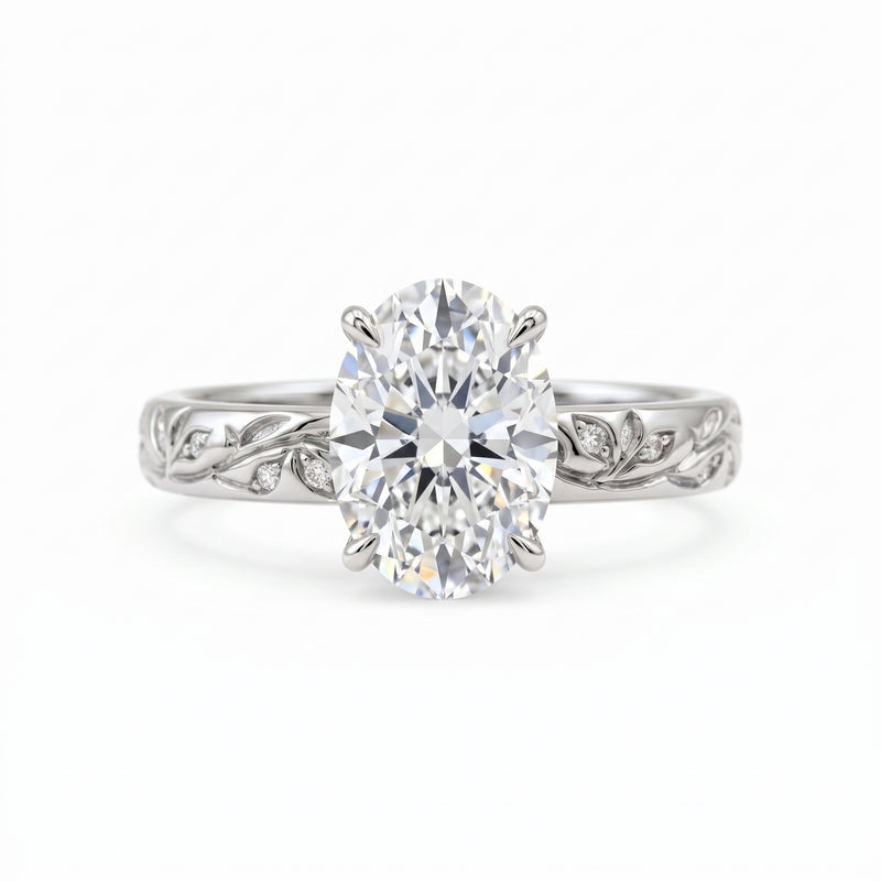 Vintage Leaf Engraved Oval Lab Diamond Engagement Ring
