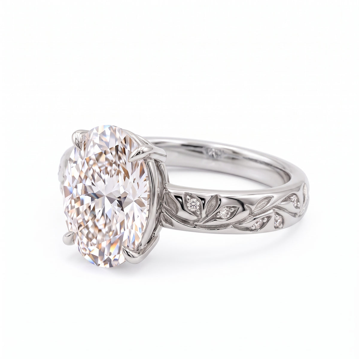 Oval-cut lab-grown diamond botanical engagement ring with leaf and vine band