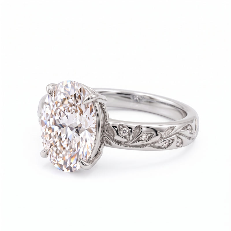 Vintage Leaf Engraved Oval Lab Diamond Engagement Ring