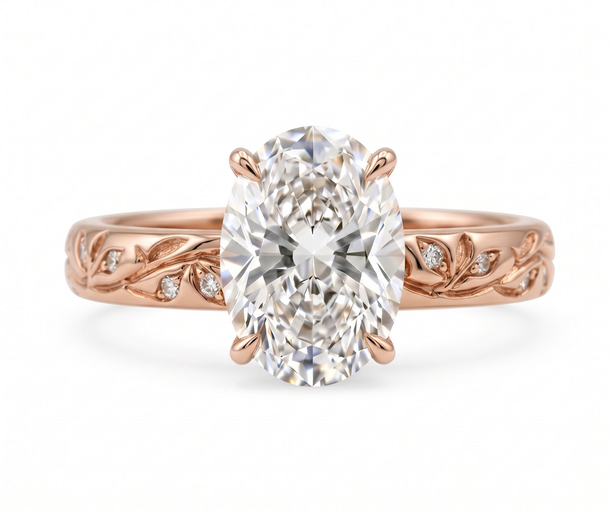 Oval-cut lab-grown diamond botanical engagement ring with leaf and vine band