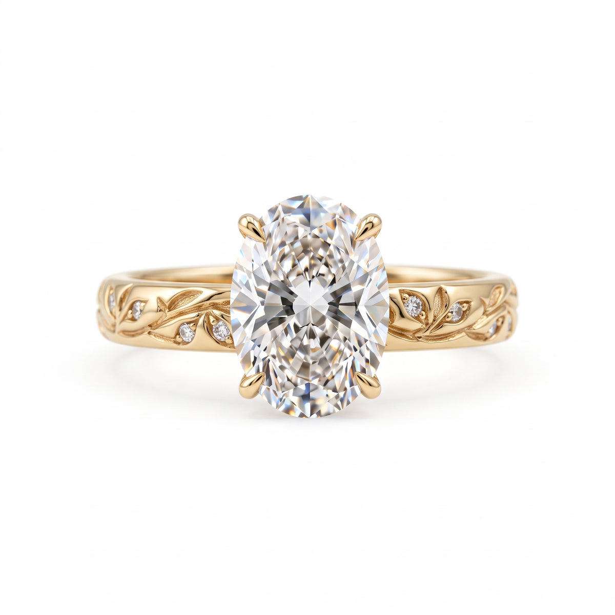 Oval-cut lab-grown diamond botanical engagement ring with leaf and vine band