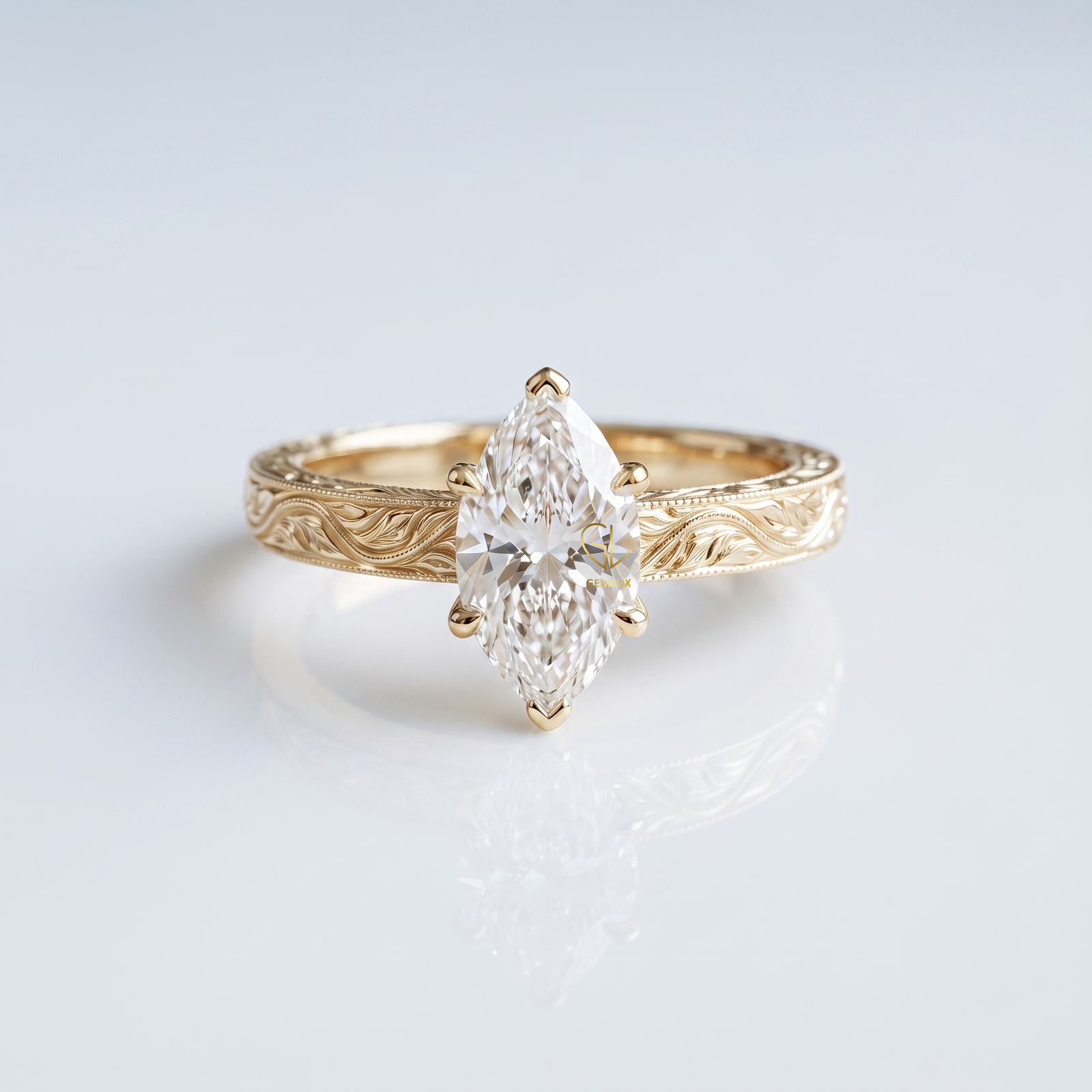 Vintage engraved solitaire engagement ring | By Gemlux Jewels