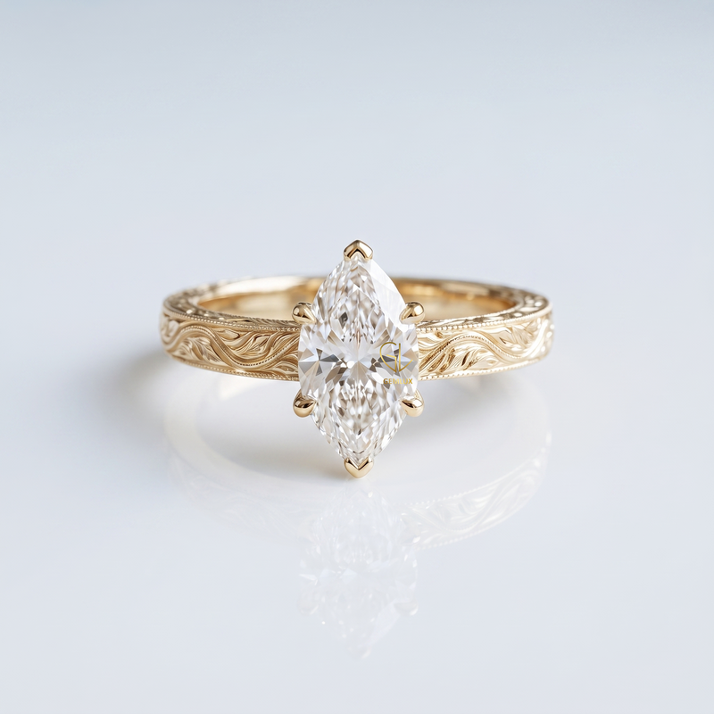 Vintage Marquise Cut Lab-Grown Diamond Engraved Solitaire Ring