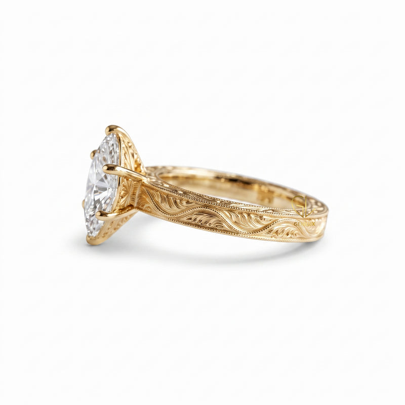 Vintage Marquise Cut Lab-Grown Diamond Engraved Solitaire Ring