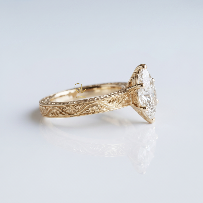 Vintage Marquise Cut Lab-Grown Diamond Engraved Solitaire Ring