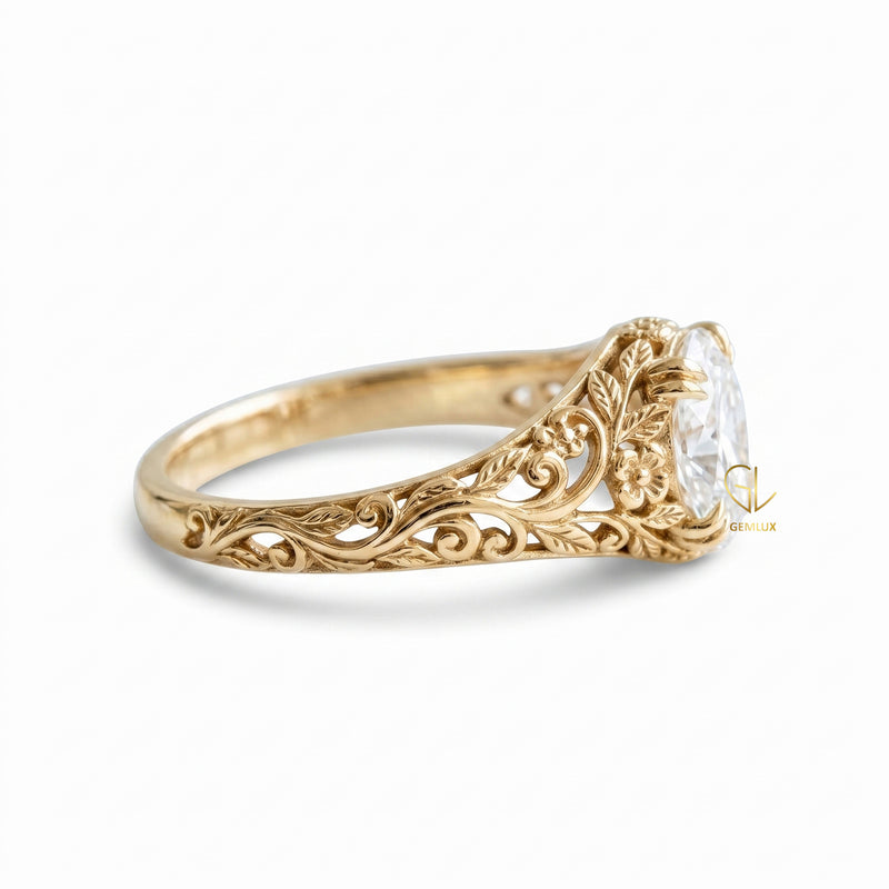 Vintage Oval Cut Lab Grown Diamond Floral Scroll Engagement Ring