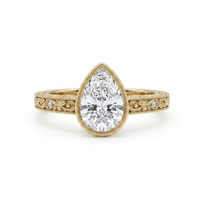 Vintage Pear-Cut Lab-Grown Diamond Bezel Engagement Ring with Filigree Band