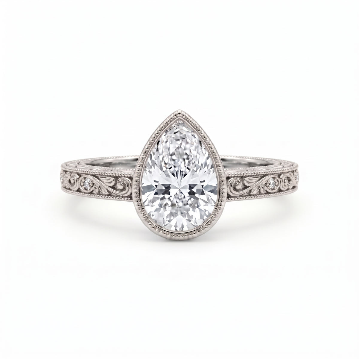 Vintage Pear-Cut Lab-Grown Diamond Bezel Engagement Ring with Filigree Band