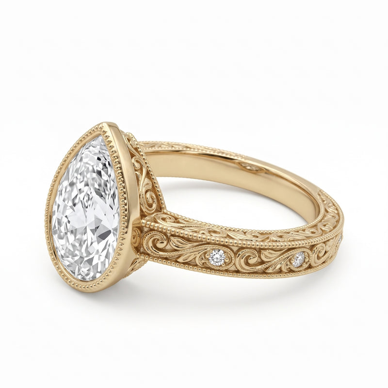 Vintage Pear-Cut Lab-Grown Diamond Bezel Engagement Ring with Filigree Band