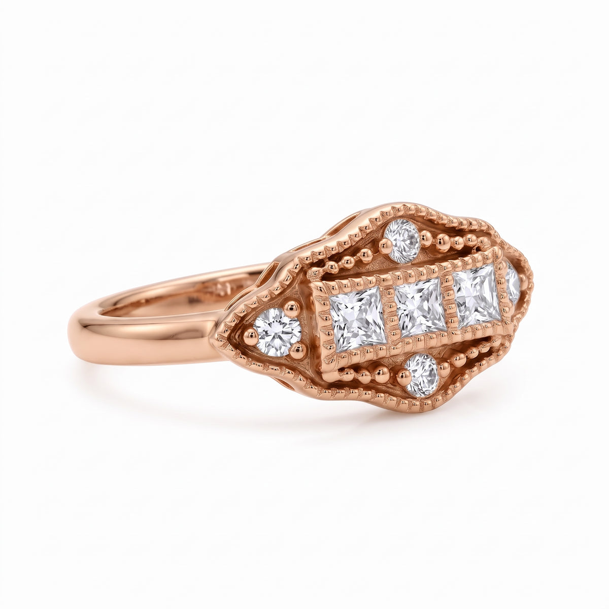 Vintage Art Deco three-stone lab-grown diamond ring with milgrain geometric setting