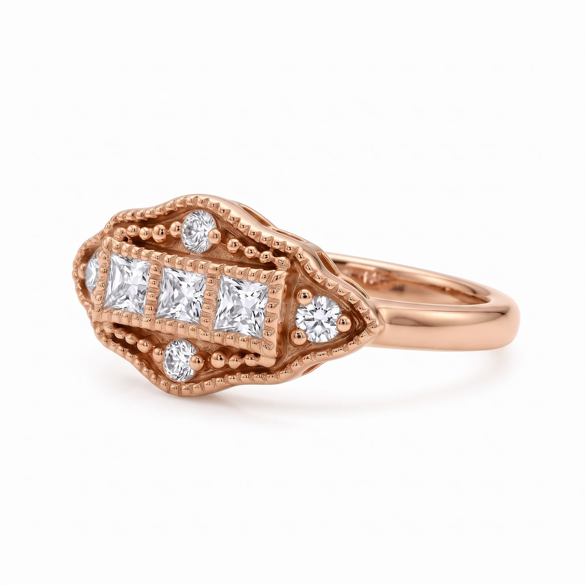 Vintage Art Deco three-stone lab-grown diamond ring with milgrain geometric setting