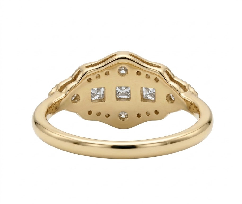 Vintage Art Deco three-stone lab-grown diamond ring with milgrain geometric setting