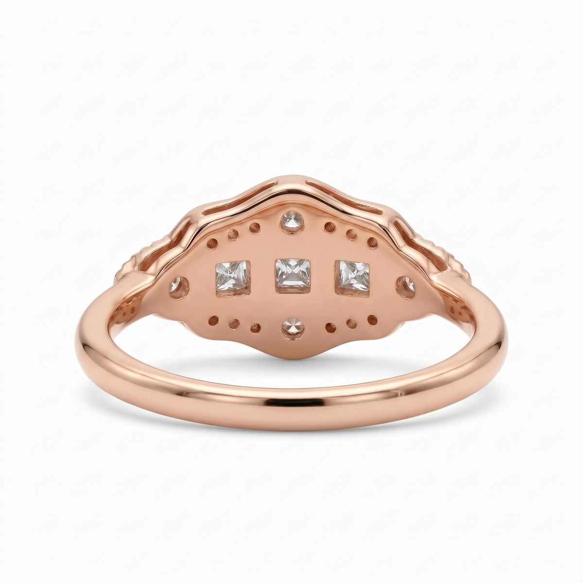 Vintage Art Deco three-stone lab-grown diamond ring with milgrain geometric setting