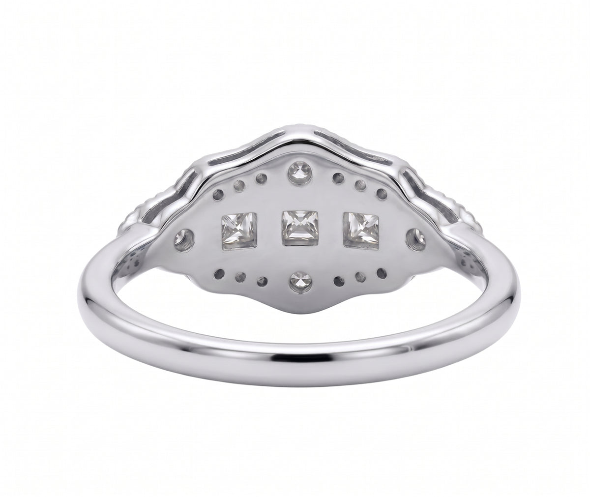Vintage Art Deco three-stone lab-grown diamond ring with milgrain geometric setting