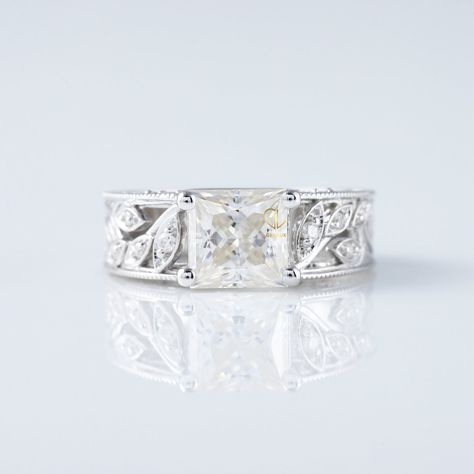 Vintage Leaf Inspired Princess Cut Moissanite Filigree Wide Band