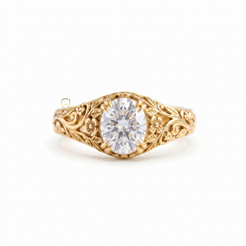 Vintage Oval Cut Lab Grown Diamond Floral Scroll Engagement Ring