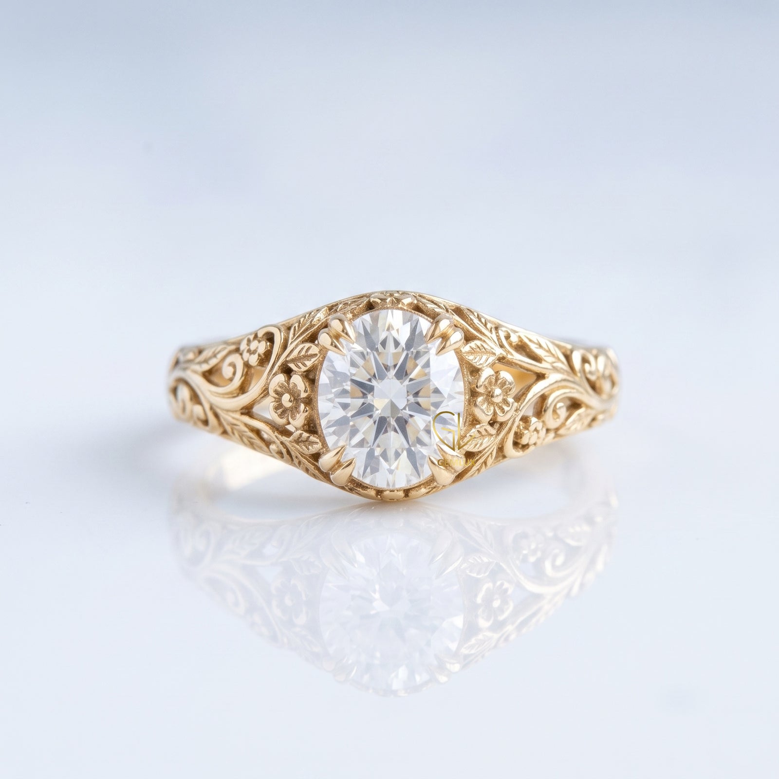 Oval-cut lab-grown diamond vintage floral scroll engagement ring, 10k yellow gold, Gemlux Engagement Collection