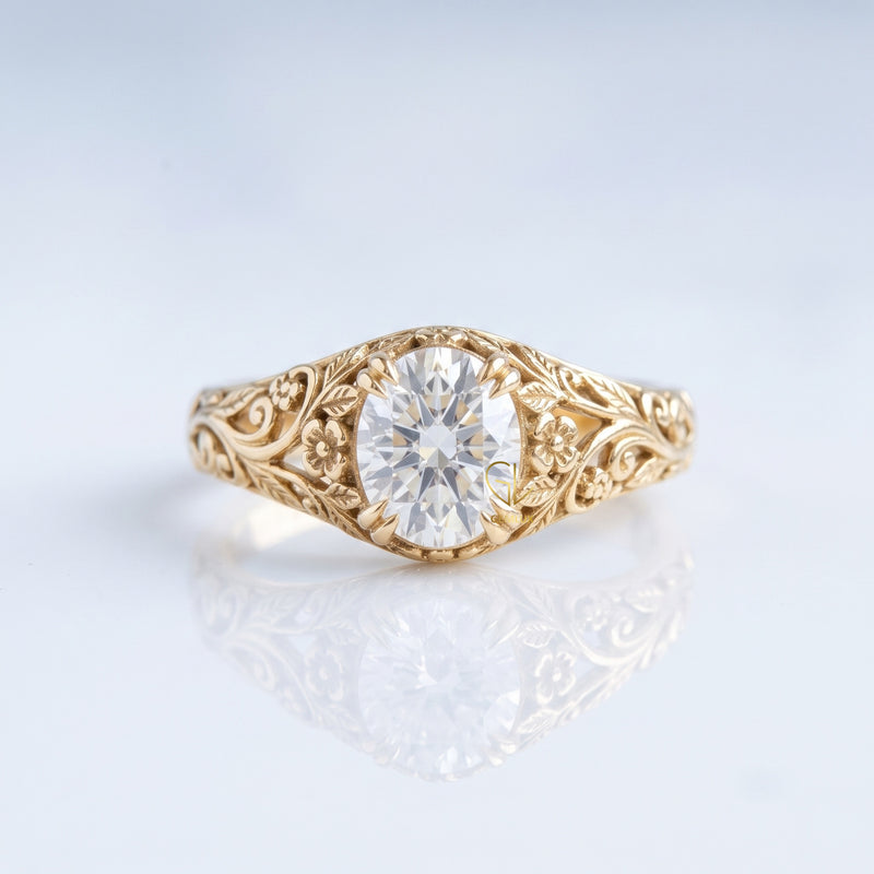 Vintage Oval Cut Lab Grown Diamond Floral Scroll Engagement Ring
