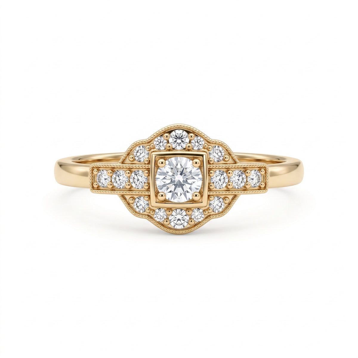 Vintage Art Deco square cluster lab-grown diamond ring with pavé shoulders