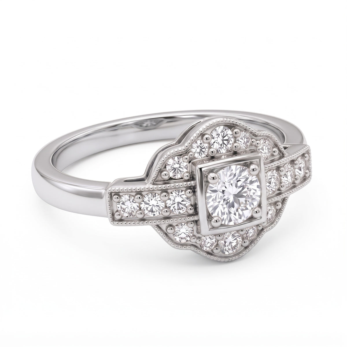 Vintage Art Deco square cluster lab-grown diamond ring with pavé shoulders