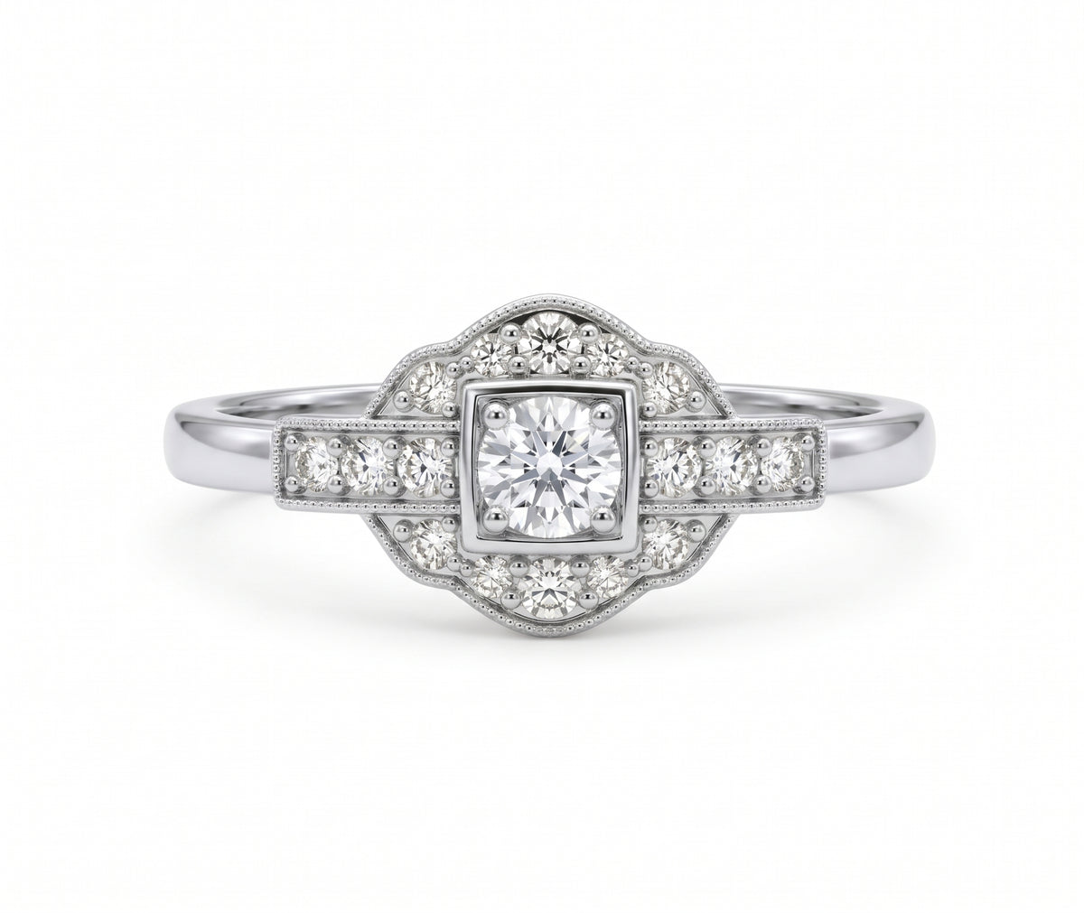 Vintage Art Deco square cluster lab-grown diamond ring with pavé shoulders