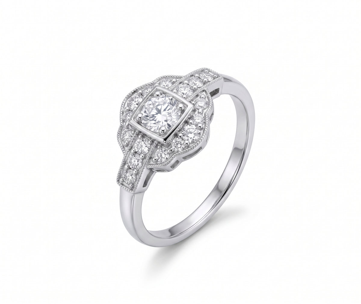 Vintage Art Deco square cluster lab-grown diamond ring with pavé shoulders