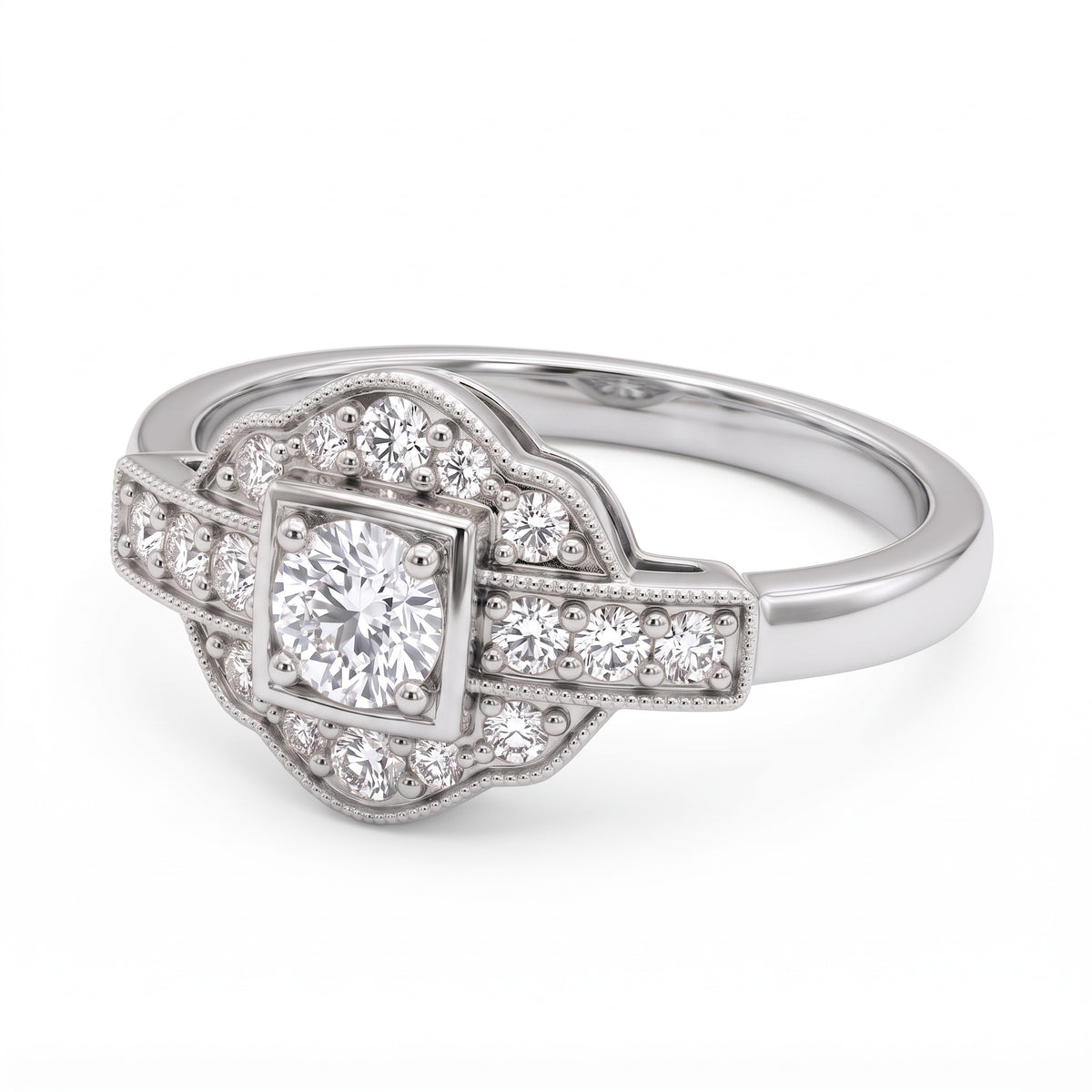 Vintage Art Deco square cluster lab-grown diamond ring with pavé shoulders