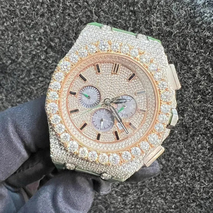 Iced Out VVS Moissanite Diamond Round Bezel Leather Strap Watch