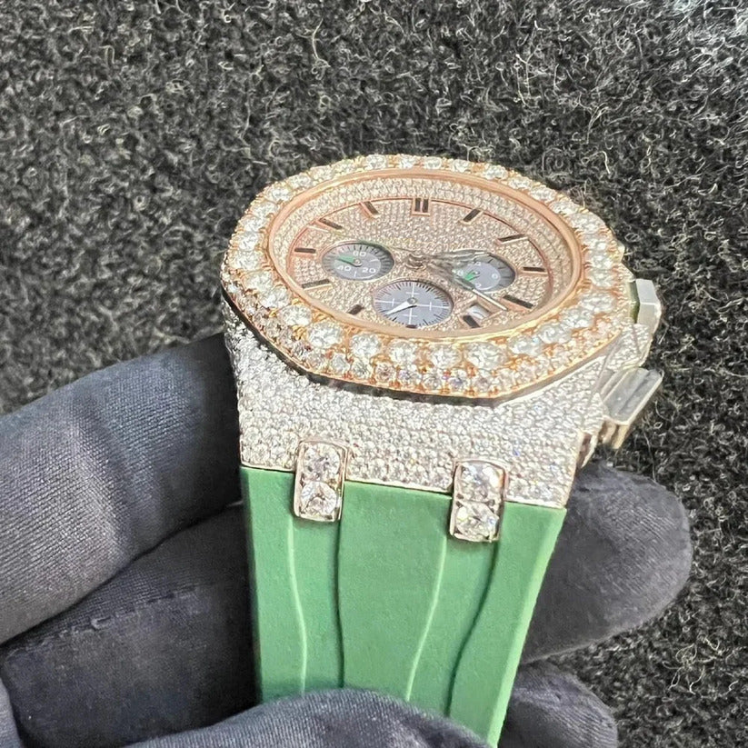 Iced Out VVS Moissanite Diamond Round Bezel Leather Strap Watch